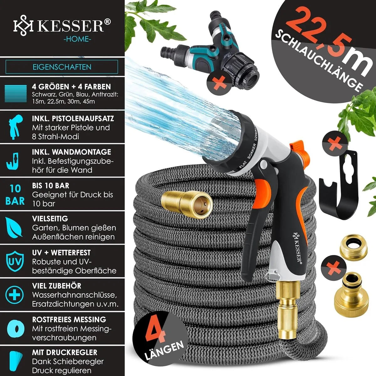 Premium tuinslang - verlengde muurbevestiging - flexibele waterslang met 3-weg - latex kern rekbaar - flexibele slangschroefverbindingen - gemaakt van hoogwaardig messing - 22,5 meter