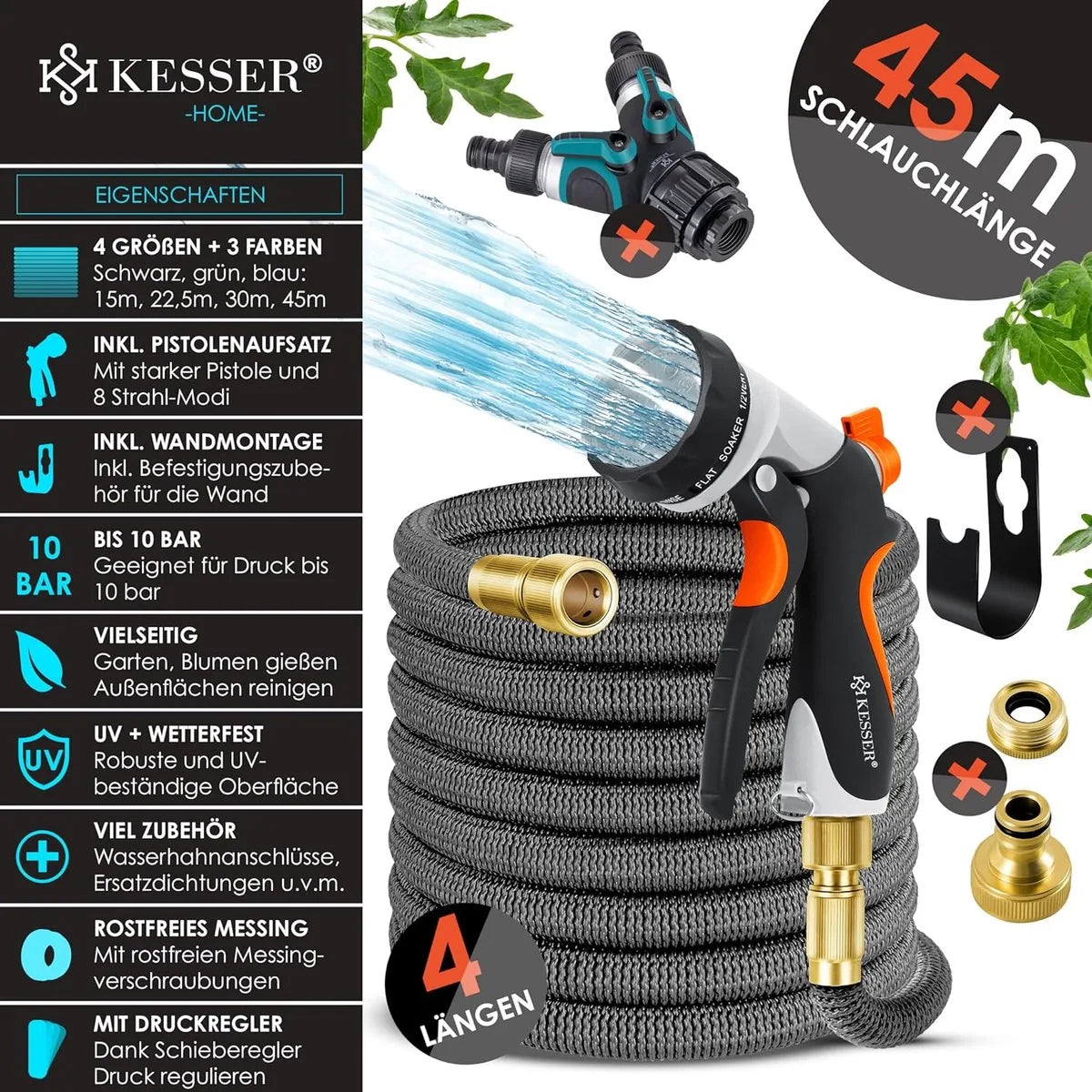 Premium tuinslang - verlengde muurbevestiging - flexibele waterslang met 3-weg - latex kern rekbaar - flexibele slangschroefverbindingen - gemaakt van hoogwaardig messing - 45 meter - Antraciet