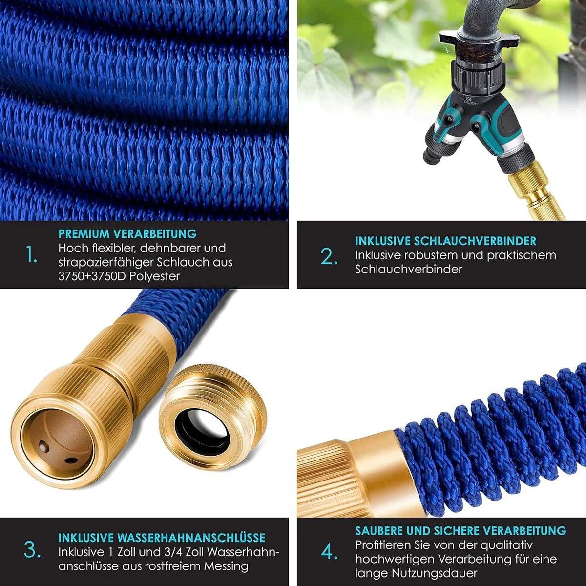 Premium tuinslang - verlengde muurbevestiging - flexibele waterslang met 3-weg - latex kern rekbaar - flexibele slangschroefverbindingen - gemaakt van hoogwaardig messing - 22,5 meter - Blauw