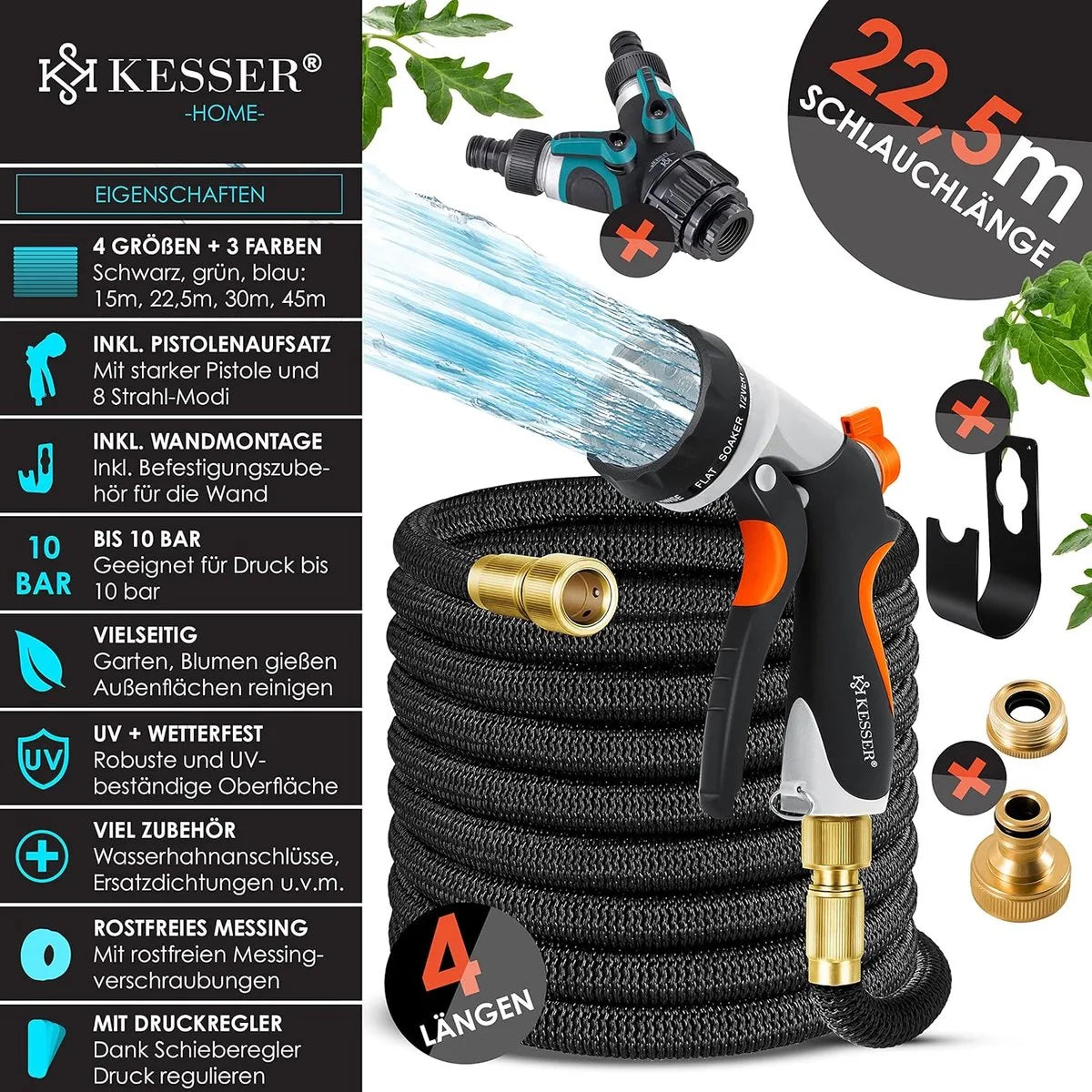 Premium tuinslang - verlengde muurbevestiging - flexibele waterslang met 3-weg - latex kern rekbaar - flexibele slangschroefverbindingen - gemaakt van hoogwaardig messing - 22,5 meter - Zwart