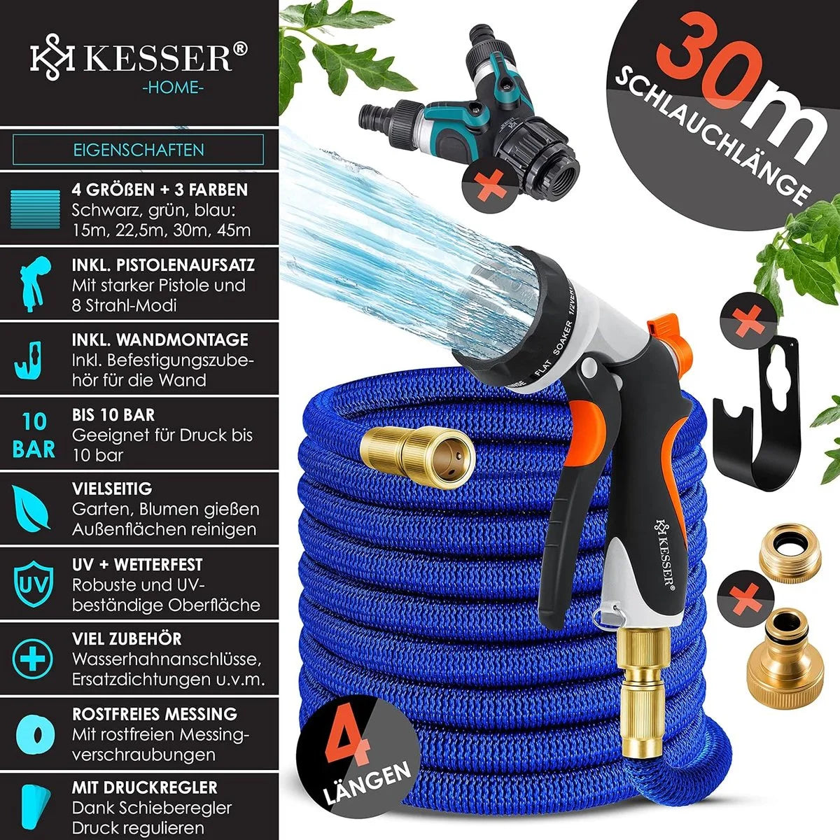 Premium tuinslang - verlengde muurbevestiging - flexibele waterslang met 3-weg - latex kern rekbaar - flexibele slangschroefverbindingen - gemaakt van hoogwaardig messing - 30 meter - Blauw