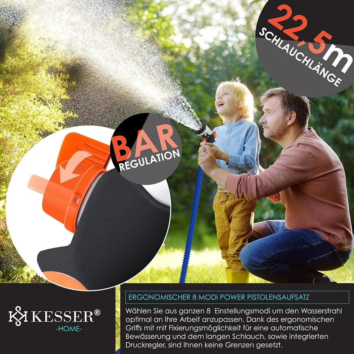 Premium tuinslang - verlengde muurbevestiging - flexibele waterslang met 3-weg - latex kern rekbaar - flexibele slangschroefverbindingen - gemaakt van hoogwaardig messing - 22,5 meter - Blauw