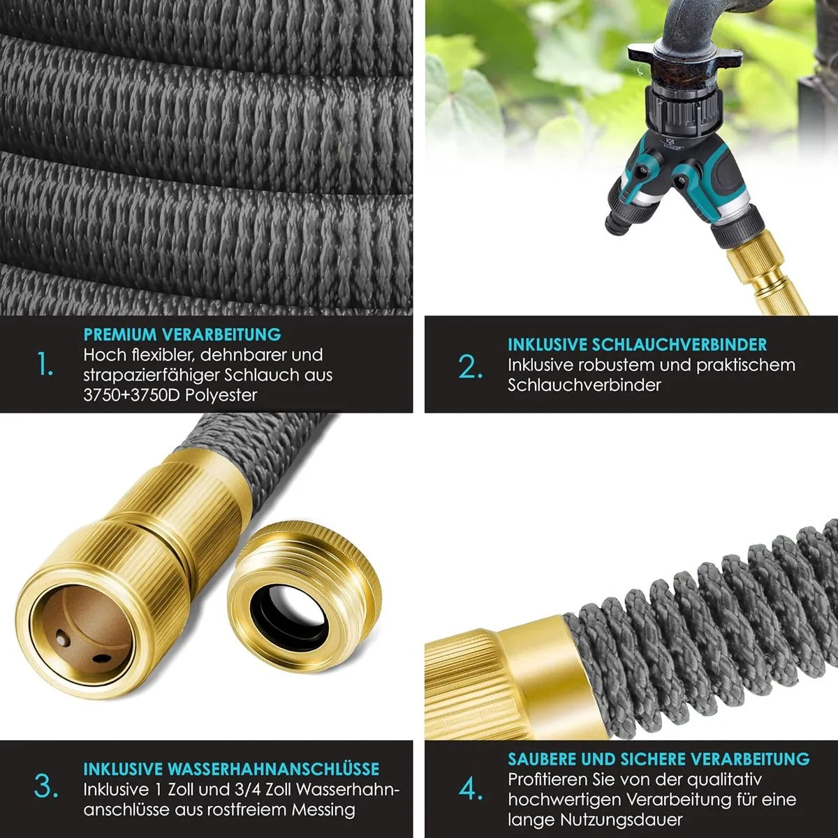 Premium tuinslang - verlengde muurbevestiging - flexibele waterslang met 3-weg - latex kern rekbaar - flexibele slangschroefverbindingen - gemaakt van hoogwaardig messing - 45 meter - Antraciet