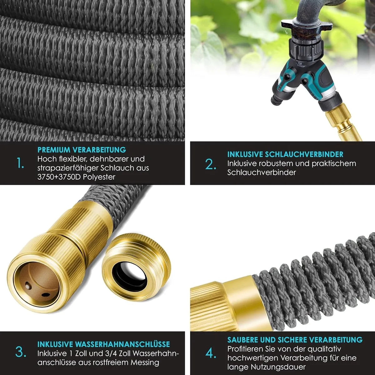 Premium tuinslang - verlengde muurbevestiging - flexibele waterslang met 3-weg - latex kern rekbaar - flexibele slangschroefverbindingen - gemaakt van hoogwaardig messing - 22,5 meter