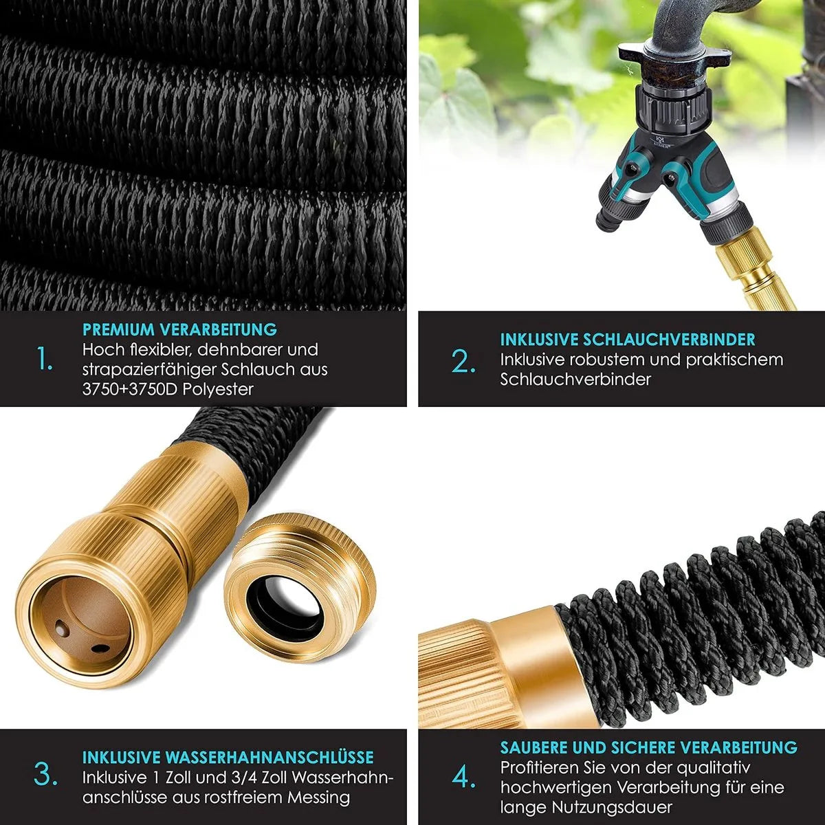 Premium tuinslang - verlengde muurbevestiging - flexibele waterslang met 3-weg - latex kern rekbaar - flexibele slangschroefverbindingen - gemaakt van hoogwaardig messing - 30 meter - Zwart