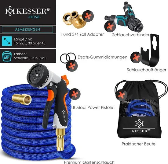 Premium tuinslang - verlengde muurbevestiging - flexibele waterslang met 3-weg - latex kern rekbaar - flexibele slangschroefverbindingen - gemaakt van hoogwaardig messing - 30 meter - Blauw