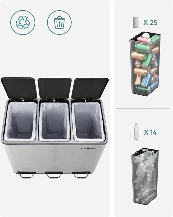 Prullenbak - 54 liters Vuilnisbak voor de Keuken - Afvalbak - Afvalscheidingssysteem - met 3 Binnenemmers van Kunststof - 54 liters (3 x 18 L) - Pedaalemmer - van Vingerafdrukvrij - zilver zwart