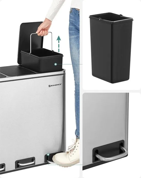 Prullenbak - 54 liters Vuilnisbak voor de Keuken - Afvalbak - Afvalscheidingssysteem - met 3 Binnenemmers van Kunststof - 54 liters (3 x 18 L) - Pedaalemmer - van Vingerafdrukvrij - zilver zwart