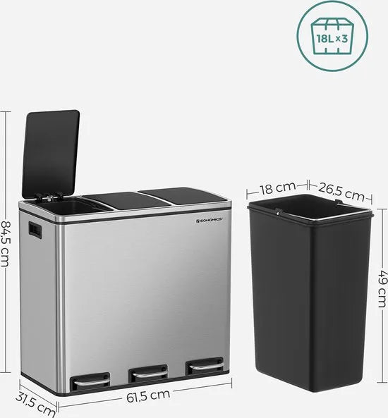 Prullenbak - 54 liters Vuilnisbak voor de Keuken - Afvalbak - Afvalscheidingssysteem - met 3 Binnenemmers van Kunststof - 54 liters (3 x 18 L) - Pedaalemmer - van Vingerafdrukvrij - zilver zwart