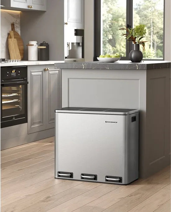 Prullenbak - 54 liters Vuilnisbak voor de Keuken - Afvalbak - Afvalscheidingssysteem - met 3 Binnenemmers van Kunststof - 54 liters (3 x 18 L) - Pedaalemmer - van Vingerafdrukvrij - zilver zwart