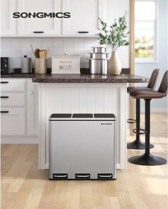 Prullenbak - 54 liters Vuilnisbak voor de Keuken - Afvalbak - Afvalscheidingssysteem - met 3 Binnenemmers van Kunststof - 54 liters (3 x 18 L) - Pedaalemmer - van Vingerafdrukvrij - zilver zwart