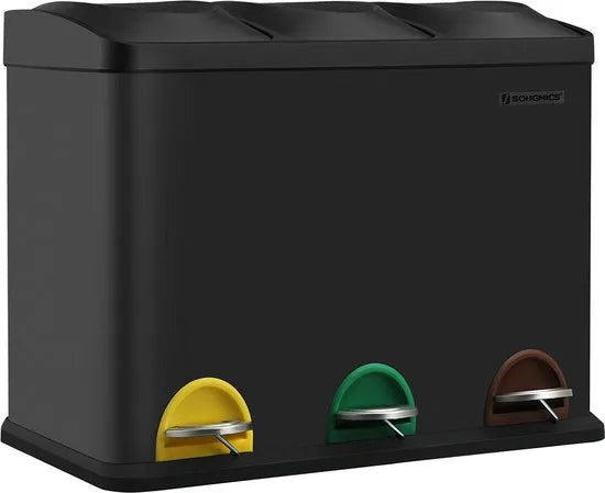 Prullenbak - afvalbak - afvalscheidingssysteem 45 liter - afvalbak met binnenbak - pedaalemmer van roestvrij staal - zwart - 3 x 15 liter