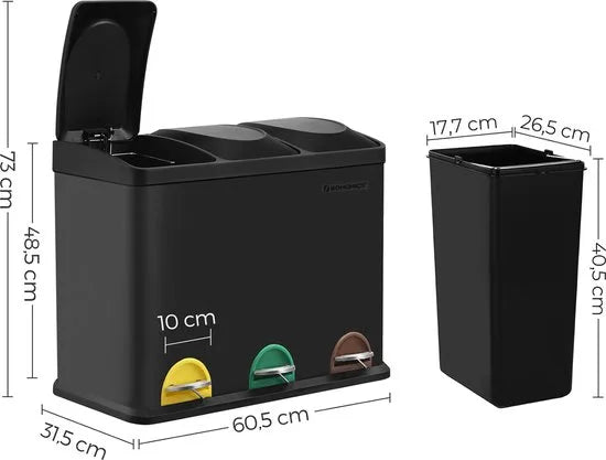 Prullenbak - afvalbak - afvalscheidingssysteem 45 liter - afvalbak met binnenbak - pedaalemmer van roestvrij staal - zwart - 3 x 15 liter