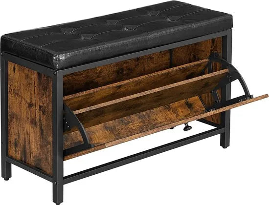 Schoenbank, gewatteerde schoenorganisatie met klep, schoenenkast voor 6 paar schoenen, stalen frame, industrieel ontwerp, vintage bruin-zwart LSB049B01 – Bruin