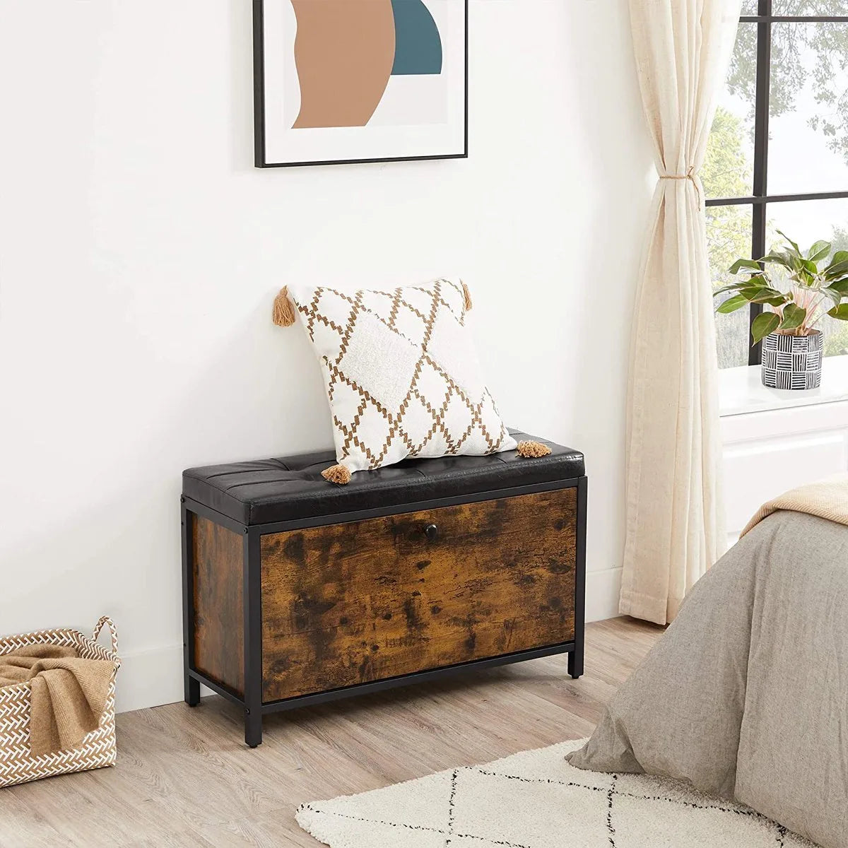 Schoenbank, gewatteerde schoenorganisatie met klep, schoenenkast voor 6 paar schoenen, stalen frame, industrieel ontwerp, vintage bruin-zwart LSB049B01 – Bruin