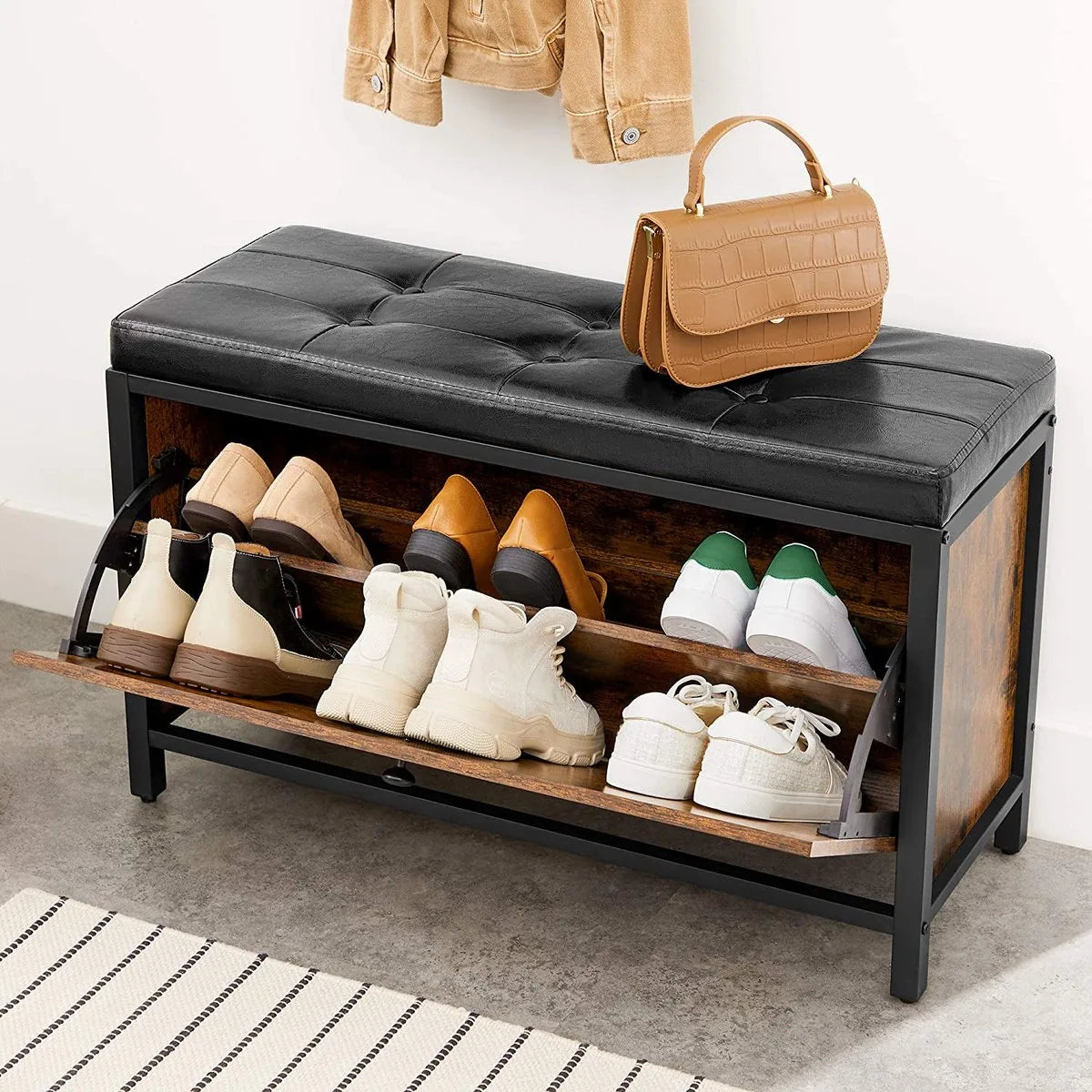 Schoenbank, gewatteerde schoenorganisatie met klep, schoenenkast voor 6 paar schoenen, stalen frame, industrieel ontwerp, vintage bruin-zwart LSB049B01 – Bruin