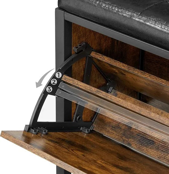 Schoenbank, gewatteerde schoenorganisatie met klep, schoenenkast voor 6 paar schoenen, stalen frame, industrieel ontwerp, vintage bruin-zwart LSB049B01 – Bruin