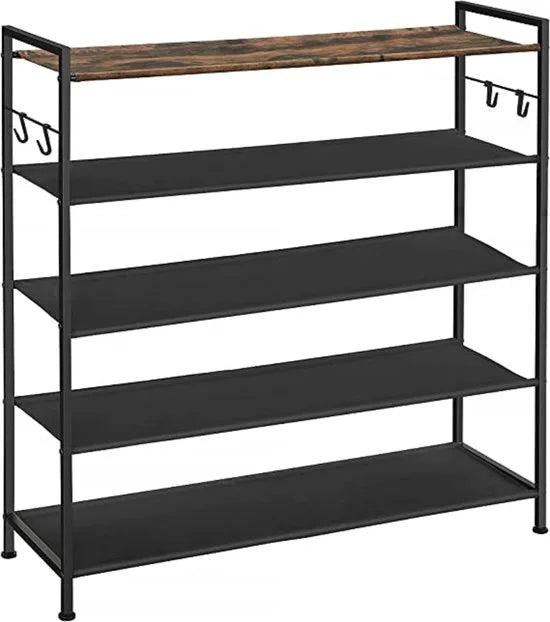 Schoenenrek met 5 niveaus - Metalen schoenenplank - Planken van Oxford-stof - voor 20-25 paar schoenen - 29 x 89 x 92,5 cm - 4 haken - Open schoenenkast voor gangslaapkamer - Rustiek bruin en zwart