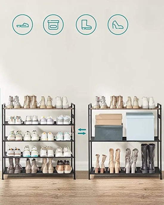 Schoenenrek met 5 niveaus - Metalen schoenenplank - Planken van Oxford-stof - voor 20-25 paar schoenen - 29 x 89 x 92,5 cm - 4 haken - Open schoenenkast voor gangslaapkamer - Rustiek bruin en zwart