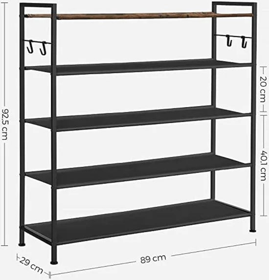 Schoenenrek met 5 niveaus - Metalen schoenenplank - Planken van Oxford-stof - voor 20-25 paar schoenen - 29 x 89 x 92,5 cm - 4 haken - Open schoenenkast voor gangslaapkamer - Rustiek bruin en zwart