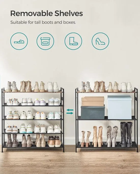 Schoenenrek met 5 niveaus - Metalen schoenenplank - Planken van Oxford-stof - voor 20-25 paar schoenen - 29 x 89 x 92,5 cm - 4 haken - Open schoenenkast voor gangslaapkamer - Rustiek bruin en zwart