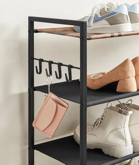 Schoenenrek met 5 niveaus - Metalen schoenenplank - Planken van Oxford-stof - voor 20-25 paar schoenen - 29 x 89 x 92,5 cm - 4 haken - Open schoenenkast voor gangslaapkamer - Rustiek bruin en zwart