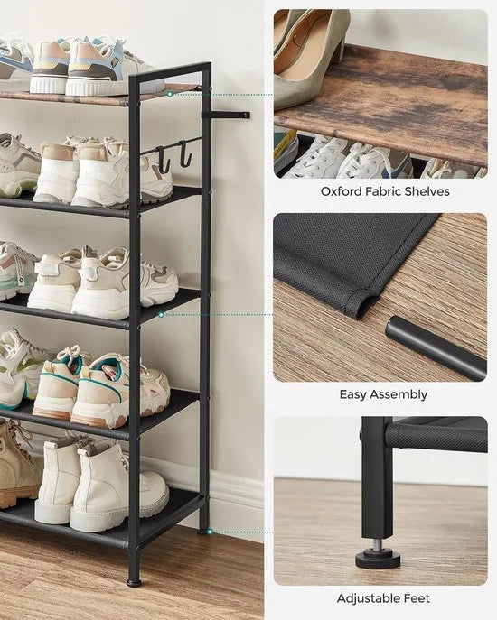 Schoenenrek met 5 niveaus - Metalen schoenenplank - Planken van Oxford-stof - voor 20-25 paar schoenen - 29 x 89 x 92,5 cm - 4 haken - Open schoenenkast voor gangslaapkamer - Rustiek bruin en zwart