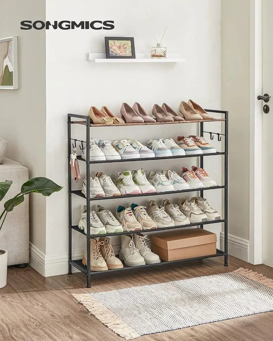 Schoenenrek met 5 niveaus - Metalen schoenenplank - Planken van Oxford-stof - voor 20-25 paar schoenen - 29 x 89 x 92,5 cm - 4 haken - Open schoenenkast voor gangslaapkamer - Rustiek bruin en zwart