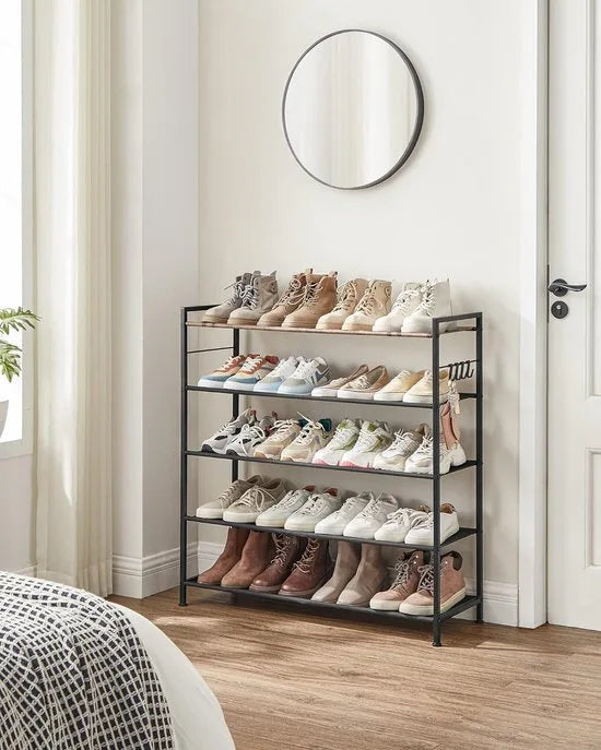 Schoenenrek met 5 niveaus - Metalen schoenenplank - Planken van Oxford-stof - voor 20-25 paar schoenen - 29 x 89 x 92,5 cm - 4 haken - Open schoenenkast voor gangslaapkamer - Rustiek bruin en zwart