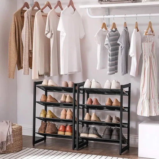 Schoenenrek, met 8 niveaus, set van 2 stapelbare 4-traps schoenenorganizers, opslag voor schoenen, roosterplanken, voor 16 tot 24 paar schoenen, 45 x 30,5 x 130 cm, zwart LMR007B01