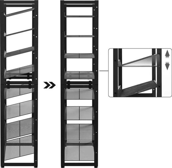 Schoenenrek, met 8 niveaus, set van 2 stapelbare 4-traps schoenenorganizers, opslag voor schoenen, roosterplanken, voor 16 tot 24 paar schoenen, 45 x 30,5 x 130 cm, zwart LMR007B01