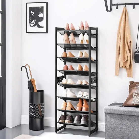 Schoenenrek, met 8 niveaus, set van 2 stapelbare 4-traps schoenenorganizers, opslag voor schoenen, roosterplanken, voor 16 tot 24 paar schoenen, 45 x 30,5 x 130 cm, zwart LMR007B01