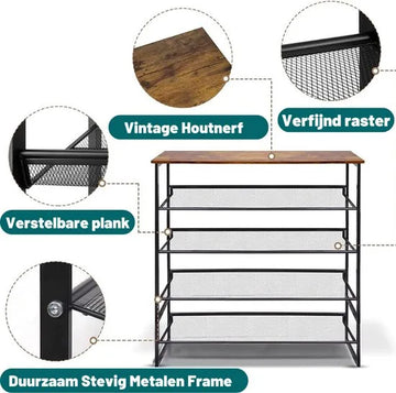 Schoenenrek – Schoenenkast – Voor 15-20 paar schoenen - Schoenenbank - Opbergrek – Halbank – 4 niveaus – Woonkamer, slaapkamer & hal