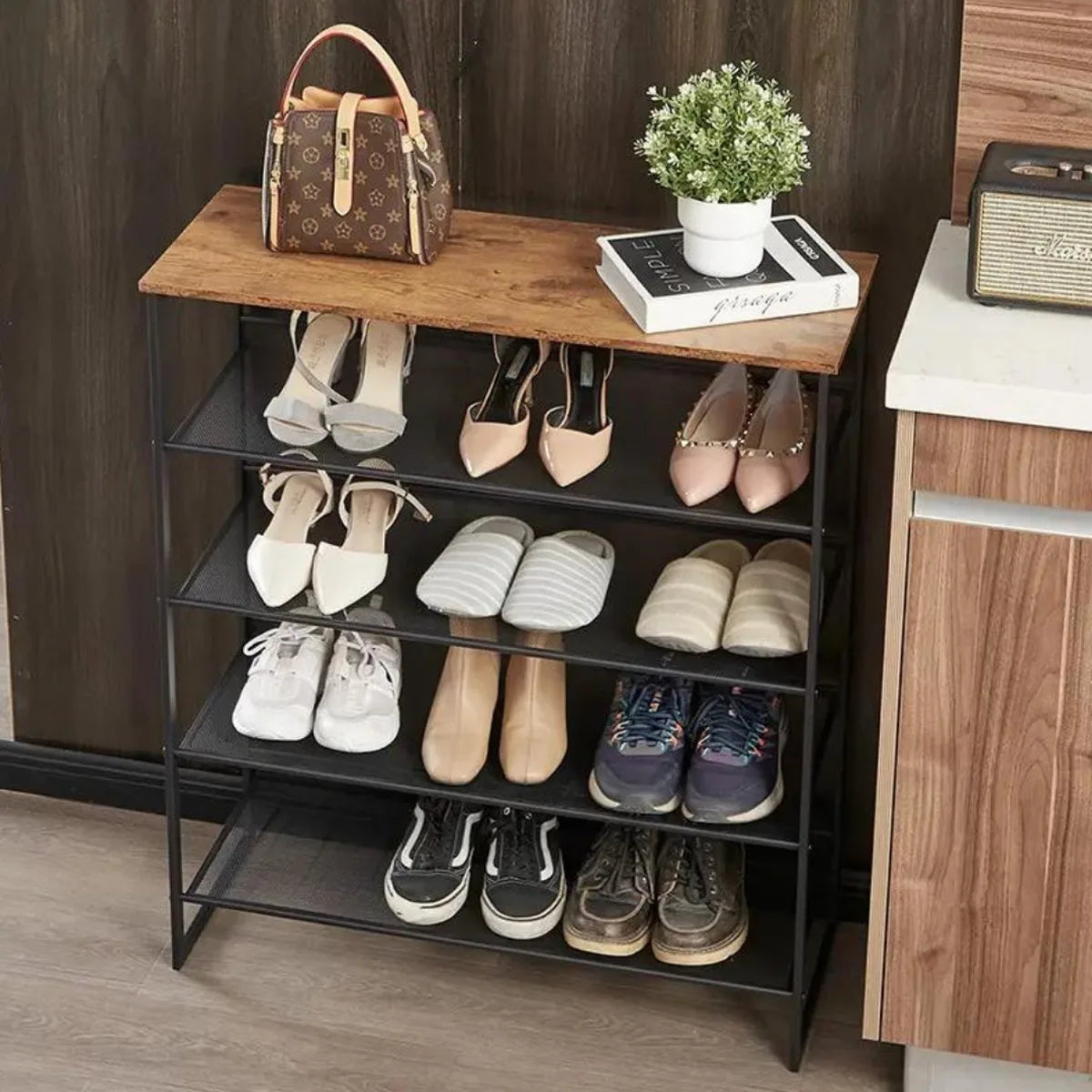 Schoenenrek – Schoenenkast – Voor 15-20 paar schoenen - Schoenenbank - Opbergrek – Halbank – 4 niveaus – Woonkamer, slaapkamer & hal