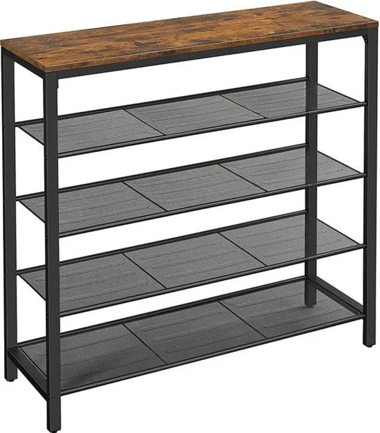 Schoenenrek - schoenenrek met 4 rasterniveaus en royaal oppervlak voor tassen - voor de entree - hal - 100 x 30 x 92 -5 cm - industrieel ontwerp - Vintage bruin-zwart