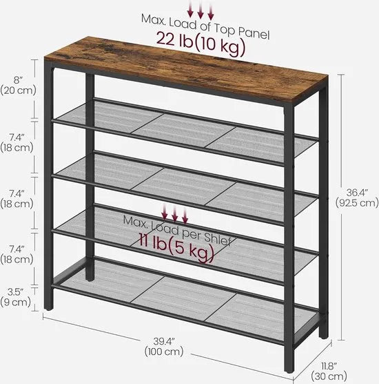 Schoenenrek - schoenenrek met 4 rasterniveaus en royaal oppervlak voor tassen - voor de entree - hal - 100 x 30 x 92 -5 cm - industrieel ontwerp - Vintage bruin-zwart