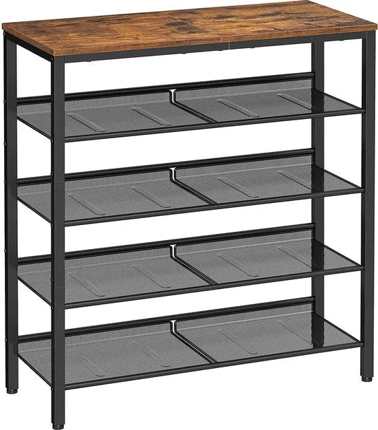 Schoenenrek, schoenenrek met 5 niveaus en royaal oppervlak voor tassen, voor de entree, hal, metaal, industrieel design, vintage bruin-zwart