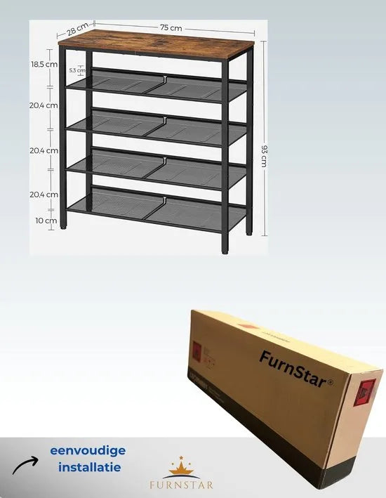Schoenenrek, schoenenrek met 5 niveaus en royaal oppervlak voor tassen, voor de entree, hal, metaal, industrieel design, vintage bruin-zwart