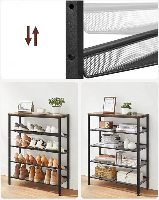 Schoenenrek, schoenenrek met 5 niveaus en royaal oppervlak voor tassen, voor de entree, hal, metaal, industrieel design, vintage bruin-zwart