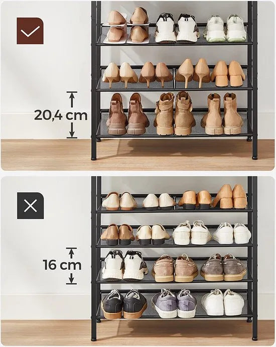 Schoenenrek, schoenenrek met 5 niveaus en royaal oppervlak voor tassen, voor de entree, hal, metaal, industrieel design, vintage bruin-zwart