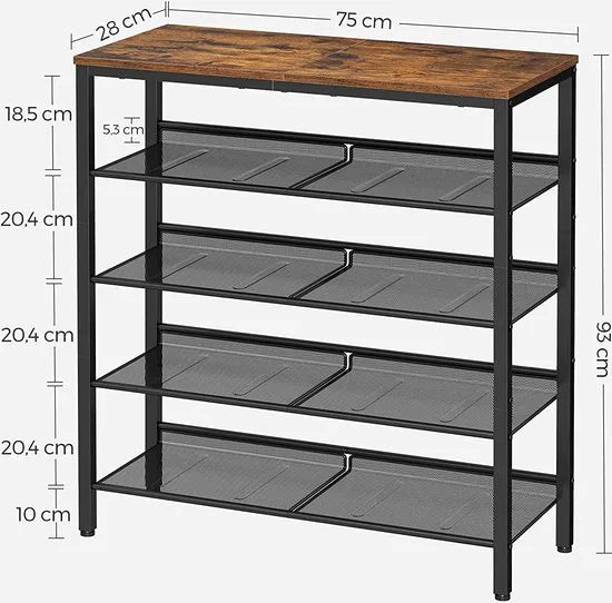 Schoenenrek, schoenenrek met 5 niveaus en royaal oppervlak voor tassen, voor de entree, hal, metaal, industrieel design, vintage bruin-zwart