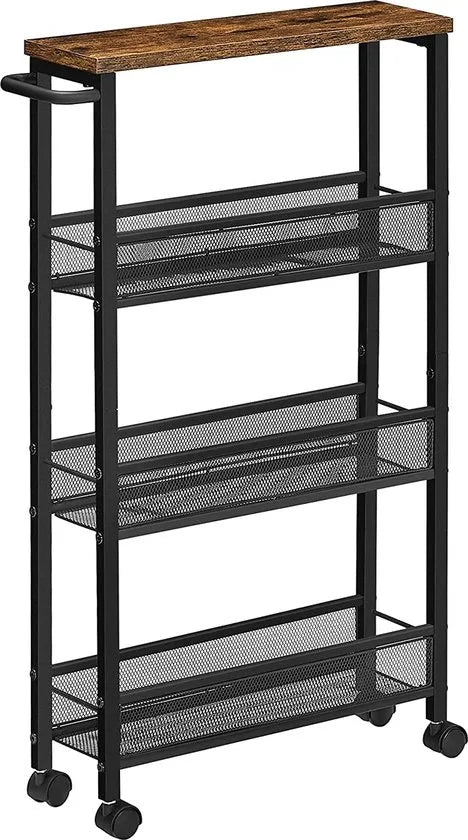 serveerwagen, keukenplank op wielen, smal, keukentrolley, trolley op wielen, 360° draaibare wielen, metalen frame, voor keuken, woonkamer, thuiskantoor, vintage bruin-zwart LRC032B01