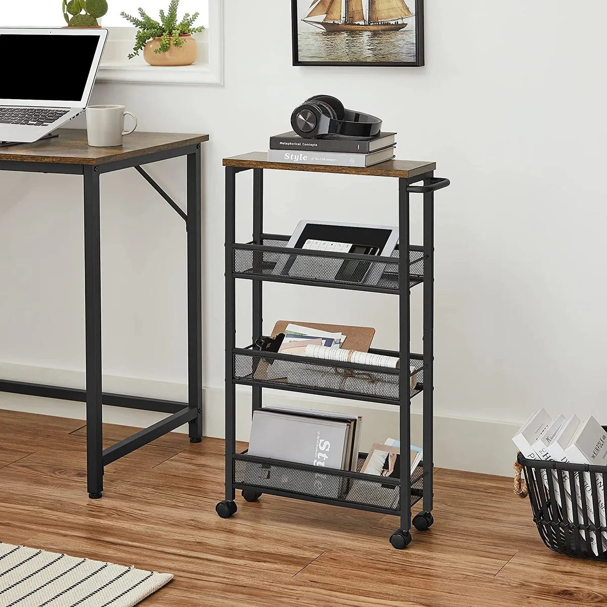 serveerwagen, keukenplank op wielen, smal, keukentrolley, trolley op wielen, 360° draaibare wielen, metalen frame, voor keuken, woonkamer, thuiskantoor, vintage bruin-zwart LRC032B01