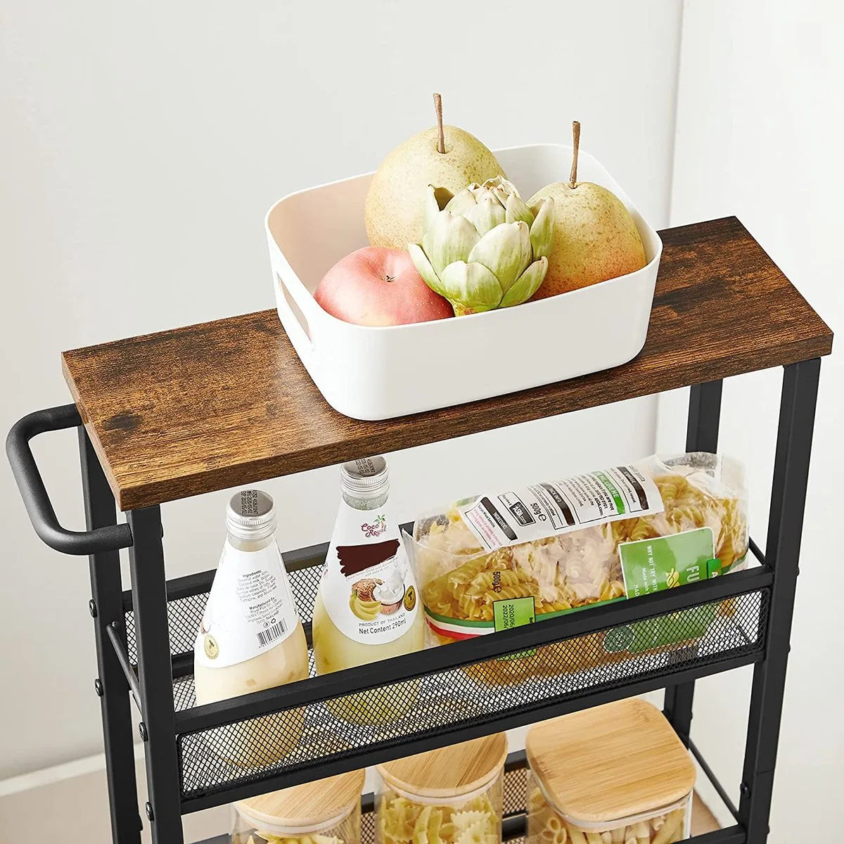 serveerwagen, keukenplank op wielen, smal, keukentrolley, trolley op wielen, 360° draaibare wielen, metalen frame, voor keuken, woonkamer, thuiskantoor, vintage bruin-zwart LRC032B01
