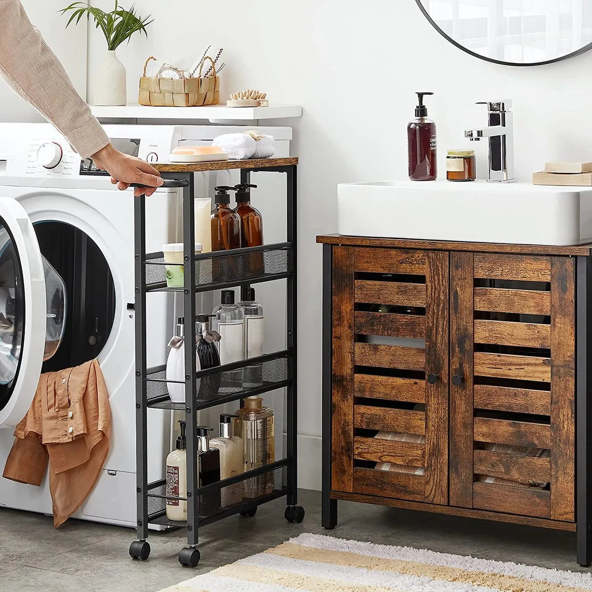 serveerwagen, keukenplank op wielen, smal, keukentrolley, trolley op wielen, 360° draaibare wielen, metalen frame, voor keuken, woonkamer, thuiskantoor, vintage bruin-zwart LRC032B01