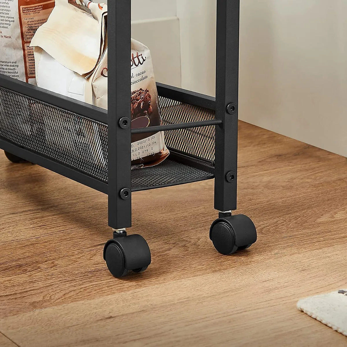 serveerwagen, keukenplank op wielen, smal, keukentrolley, trolley op wielen, 360° draaibare wielen, metalen frame, voor keuken, woonkamer, thuiskantoor, vintage bruin-zwart LRC032B01