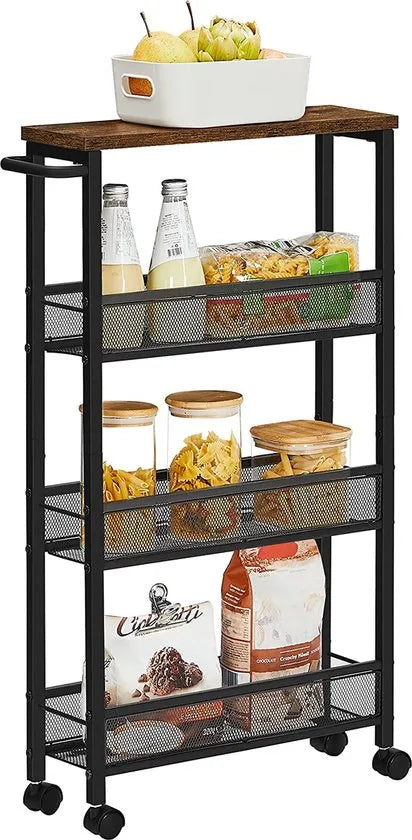 serveerwagen, keukenplank op wielen, smal, keukentrolley, trolley op wielen, 360° draaibare wielen, metalen frame, voor keuken, woonkamer, thuiskantoor, vintage bruin-zwart LRC032B01