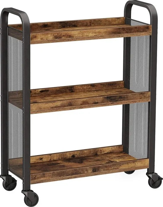 serveerwagen, ruimtebesparende keukentrolley met universele wielen, keukenplank met verstelbare poten, stabiel metalen frame, 66 x 26 x 85 cm, industrieel design, vintage, donkerbruin LRC66BX