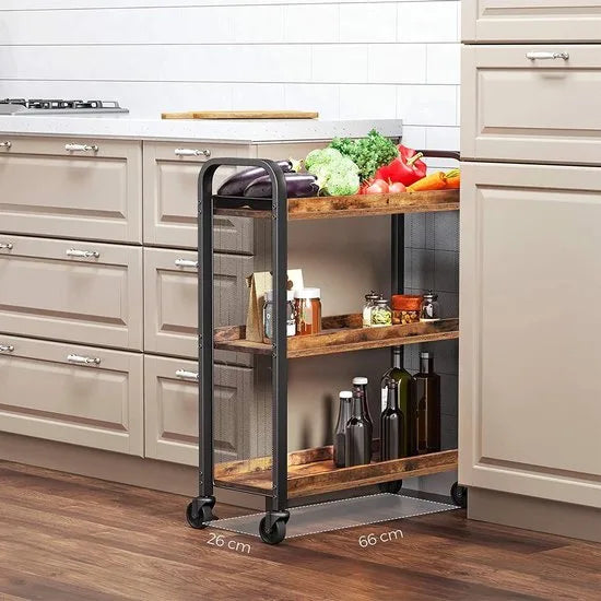 serveerwagen, ruimtebesparende keukentrolley met universele wielen, keukenplank met verstelbare poten, stabiel metalen frame, 66 x 26 x 85 cm, industrieel design, vintage, donkerbruin LRC66BX
