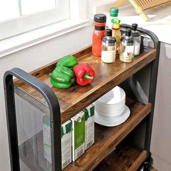 serveerwagen, ruimtebesparende keukentrolley met universele wielen, keukenplank met verstelbare poten, stabiel metalen frame, 66 x 26 x 85 cm, industrieel design, vintage, donkerbruin LRC66BX